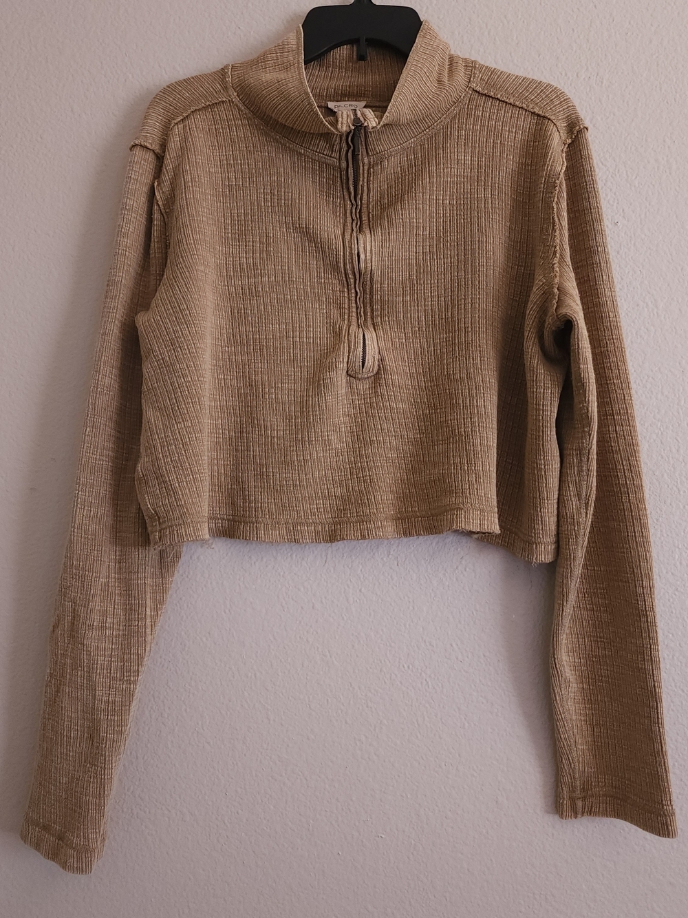 Anthropologie Pilcro Cropped Quarter Zip Textured Pullover Ribbed Raw Hem XL